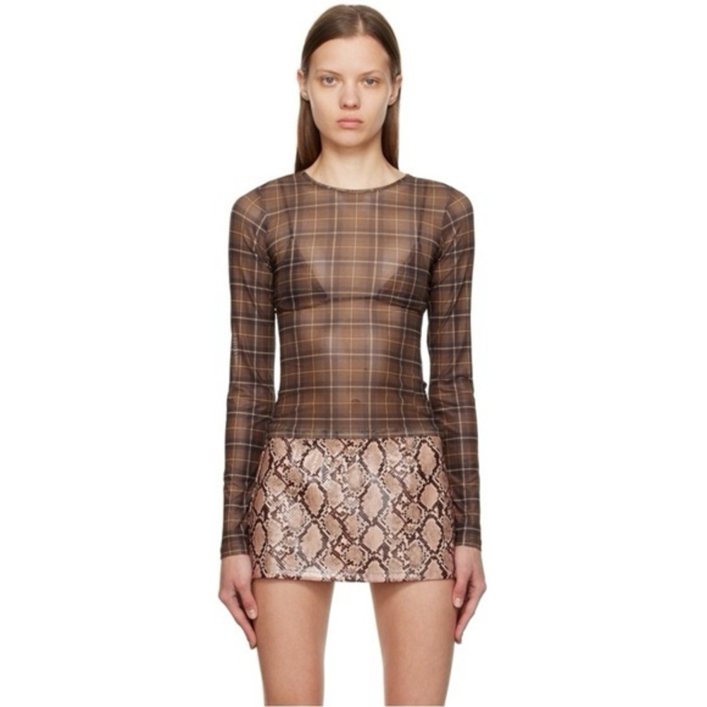 Miaou Long Sleeve sheer plaid brown top